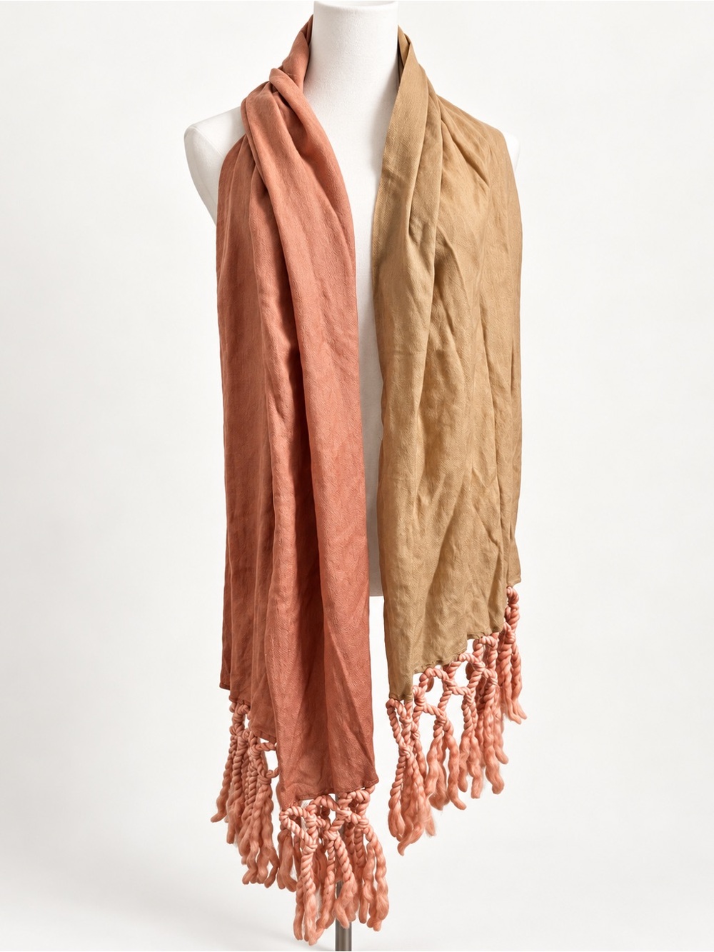 100% Wool Two-Tone Boho Scarf Shawl Wrap with Tassel Fringe – Terracotta & Camel